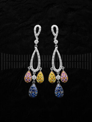 Pendientes de Oro Blanco con Diamantes, Cuarzo Rosa, Citrino y Zafiro